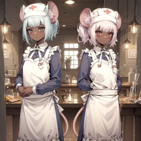 two mice that work in a kitchen wearing maid outfits and aprons, dark skin, animal ears, dark-s.png